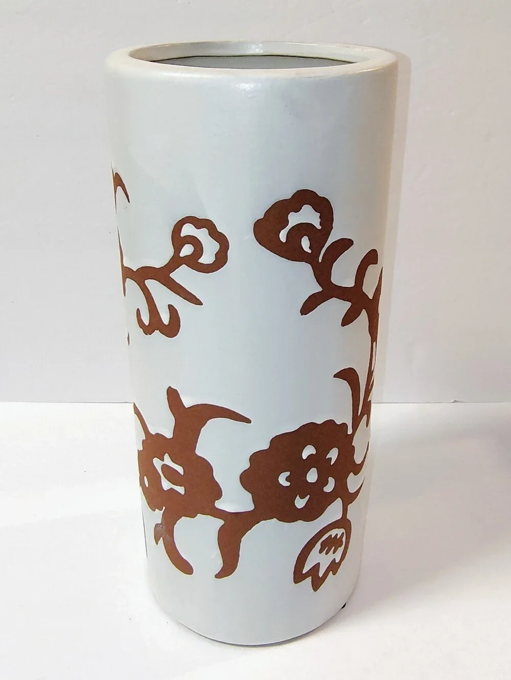 Pier 1 Imports Terracotta Off-White Ceramic Vase with Brown Floral Motif 11